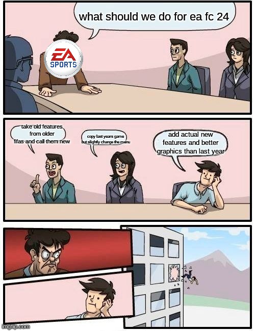 true | what should we do for ea fc 24; take old features from older fifas and call them new; copy last years game but slightly change the menu; add actual new features and better graphics than last year | image tagged in memes,boardroom meeting suggestion | made w/ Imgflip meme maker