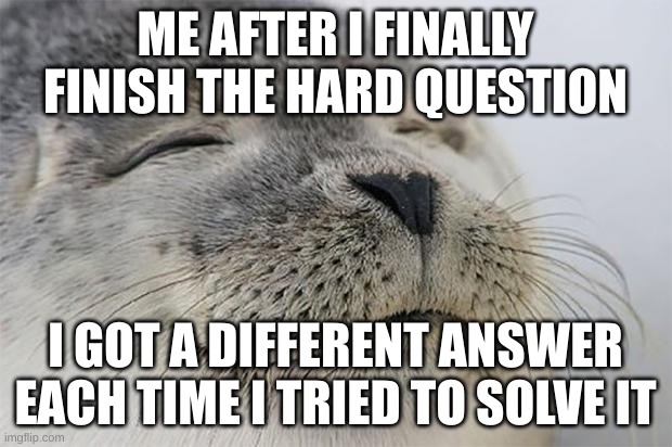 Satisfied Seal Meme | ME AFTER I FINALLY FINISH THE HARD QUESTION; I GOT A DIFFERENT ANSWER EACH TIME I TRIED TO SOLVE IT | image tagged in memes,satisfied seal | made w/ Imgflip meme maker