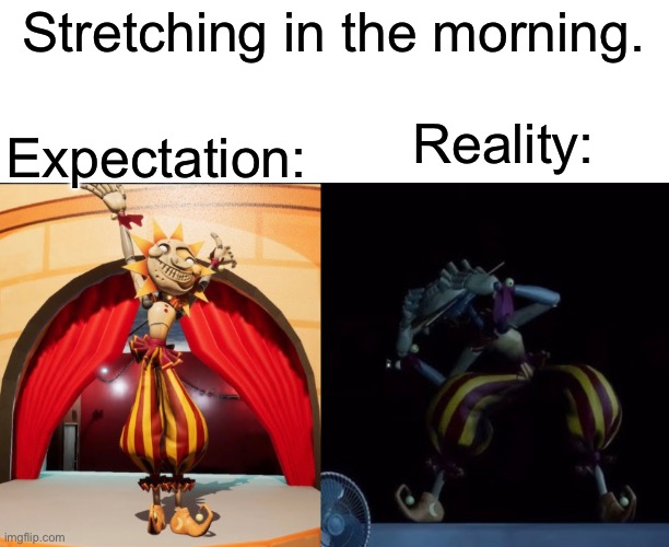 Please tell me I’m not the only one that stretches like sun turning into moon | Stretching in the morning. Expectation:; Reality: | image tagged in wha | made w/ Imgflip meme maker
