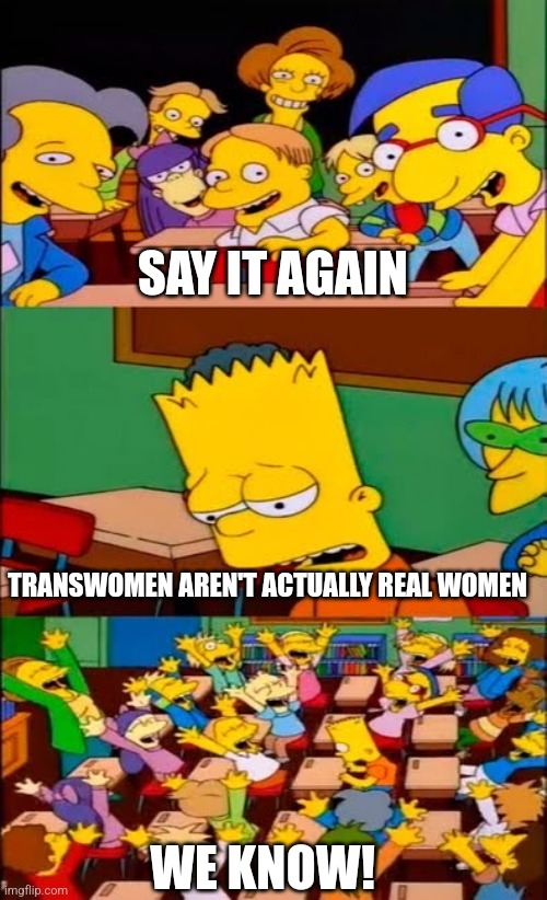 Well, obviously. | SAY IT AGAIN; TRANSWOMEN AREN'T ACTUALLY REAL WOMEN; WE KNOW! | image tagged in say the line bart simpsons | made w/ Imgflip meme maker
