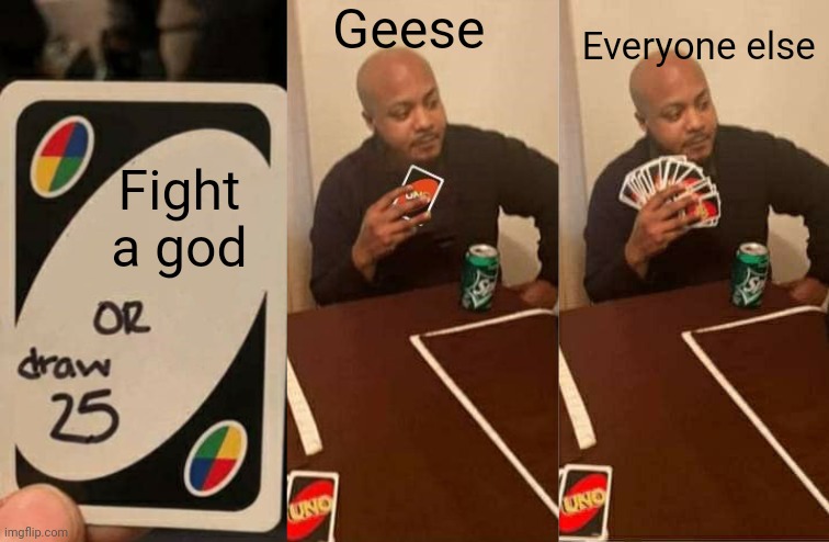 Geese; Everyone else; Fight a god | image tagged in uno draw 25 draws none,memes,uno draw 25 cards | made w/ Imgflip meme maker