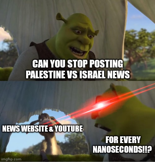 News are stupid | CAN YOU STOP POSTING PALESTINE VS ISRAEL NEWS; NEWS WEBSITE & YOUTUBE; FOR EVERY NANOSECONDS!!? | image tagged in shrek for five minutes,palestine,israel,war,news | made w/ Imgflip meme maker