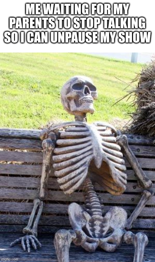Waiting Skeleton Meme | ME WAITING FOR MY PARENTS TO STOP TALKING SO I CAN UNPAUSE MY SHOW | image tagged in memes,waiting skeleton | made w/ Imgflip meme maker