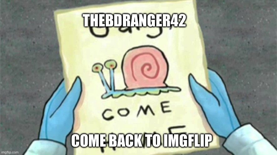 gary come home | THEBDRANGER42 COME BACK TO IMGFLIP | image tagged in gary come home | made w/ Imgflip meme maker