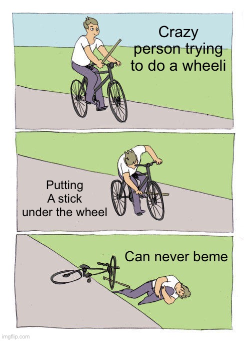 Bike Fall | Crazy person trying to do a wheeli; Putting A stick under the wheel; Can never be me | image tagged in memes,bike fall | made w/ Imgflip meme maker