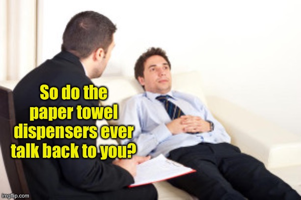psychiatrist | So do the paper towel dispensers ever talk back to you? | image tagged in psychiatrist | made w/ Imgflip meme maker
