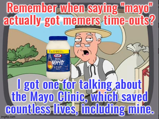 Such silliness over MAYO | Remember when saying "mayo" actually got memers time-outs? I got one for talking about the Mayo Clinic, which saved countless lives, including mine. | image tagged in pepridge farms | made w/ Imgflip meme maker