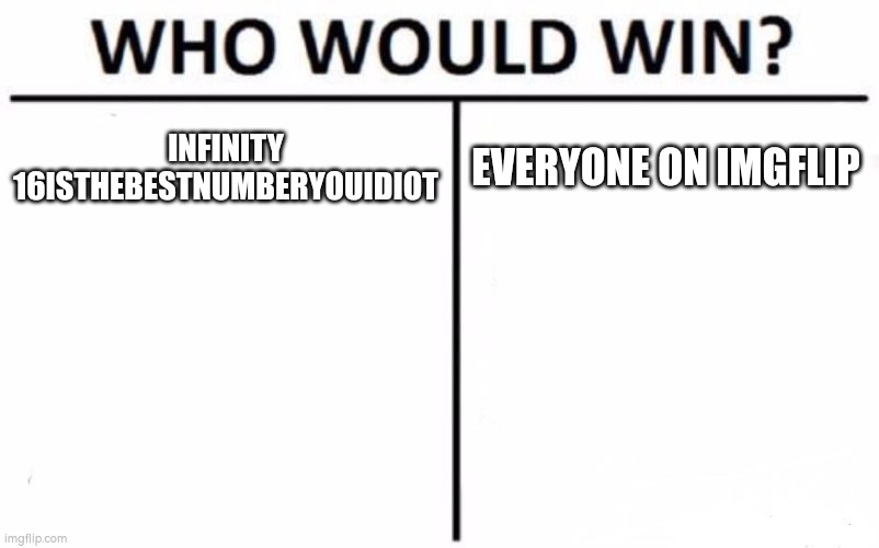 I AM 50 YRS OLD | INFINITY 16ISTHEBESTNUMBERYOUIDIOT; EVERYONE ON IMGFLIP | image tagged in memes,who would win | made w/ Imgflip meme maker