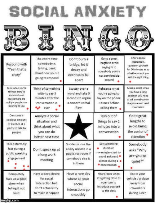 Social Anxiety Bingo | image tagged in social anxiety bingo | made w/ Imgflip meme maker