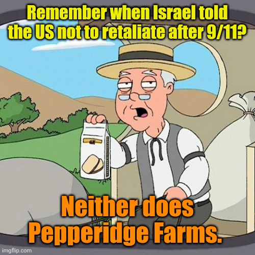 Just stay home an' eat your ice cream, Joe. | Remember when Israel told the US not to retaliate after 9/11? Neither does Pepperidge Farms. | image tagged in memes,pepperidge farm remembers | made w/ Imgflip meme maker