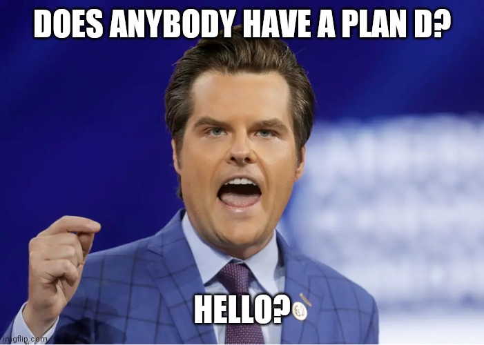 Well, This Hasn't Worked The Way I Wanted | DOES ANYBODY HAVE A PLAN D? HELLO? | image tagged in gaetz,ego | made w/ Imgflip meme maker