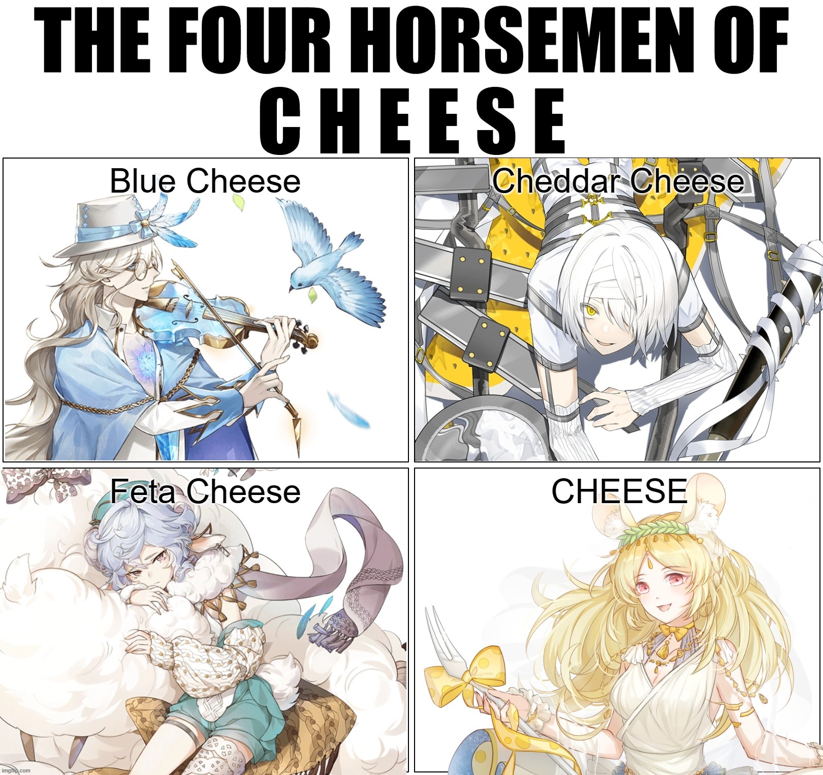 Yes, These are all ACTUAL characters from Food Fantasy. xD (Ignore why Feta Cheese is a femboy. xD) | image tagged in food fantasy,blue cheese,cheddar cheese,feta cheese,cheese | made w/ Imgflip meme maker