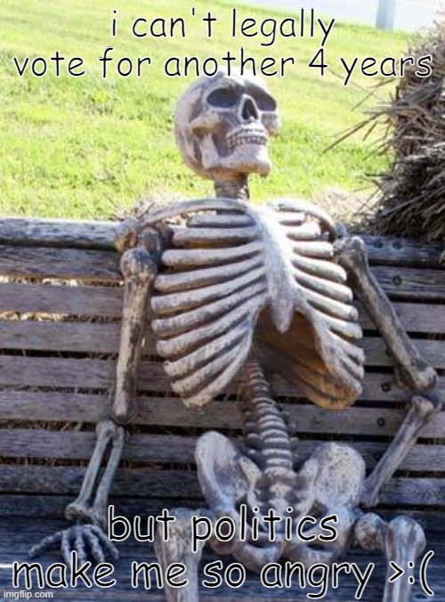 politics blehhhh | i can't legally vote for another 4 years; but politics make me so angry >:( | image tagged in memes,waiting skeleton | made w/ Imgflip meme maker