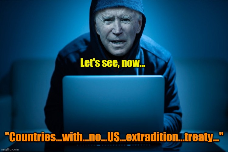 Preparing for Retirement... | Let's see, now... "Countries...with...no...US...extradition...treaty..." | image tagged in dark web biden | made w/ Imgflip meme maker