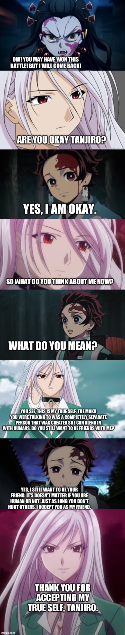 After the battle between Daki and Moka Akashiya | SO WHAT DO YOU THINK ABOUT ME NOW? WHAT DO YOU MEAN? THANK YOU FOR ACCEPTING MY TRUE SELF, TANJIRO. | image tagged in anime | made w/ Imgflip meme maker