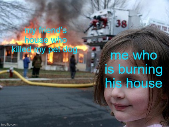 i hate him now... | my friend's house who killed my pet dog; me who is burning his house | image tagged in memes,disaster girl | made w/ Imgflip meme maker