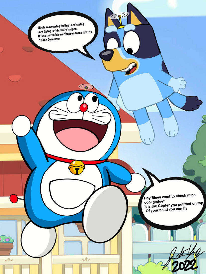 High Quality Bluey Flying with Doraemon Blank Meme Template