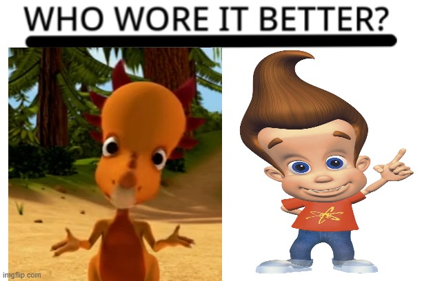 He has the Neutron style | image tagged in who wore it better,dinosaur train,jimmy neutron,the neutron style,jurassic park | made w/ Imgflip meme maker
