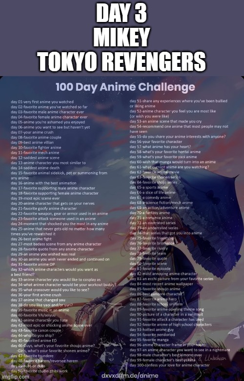 Day 3 | DAY 3
MIKEY
TOKYO REVENGERS | image tagged in 100 day anime challenge | made w/ Imgflip meme maker