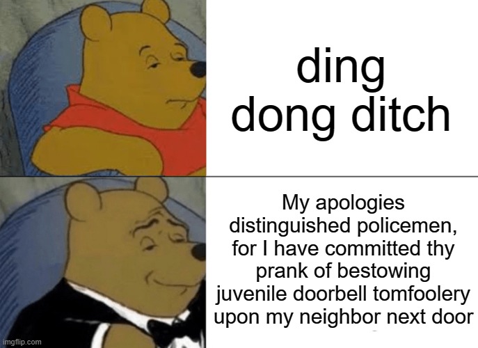 Juvenile doorbell tomfoolery | ding dong ditch; My apologies distinguished policemen, for I have committed thy prank of bestowing juvenile doorbell tomfoolery upon my neighbor next door | image tagged in memes,tuxedo winnie the pooh | made w/ Imgflip meme maker
