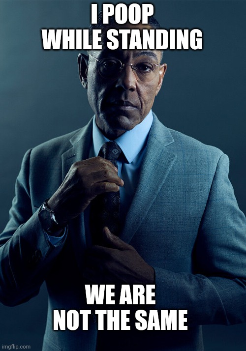 Im joking btw | I POOP WHILE STANDING; WE ARE NOT THE SAME | image tagged in gus fring we are not the same | made w/ Imgflip meme maker