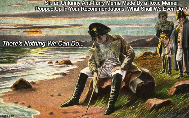 Well.. There's Nothing We Can Do... (Link at the Comment) | Sir, an Unfunny Anti-Furry Meme Made By a Toxic Memer Popped Up In Your Recommendations. What Shall We Even Do ? There's Nothing We Can Do... | image tagged in napoleon there's nothing we can do,napoleon,there's nothing we can do,pro-fandom,depressed | made w/ Imgflip meme maker