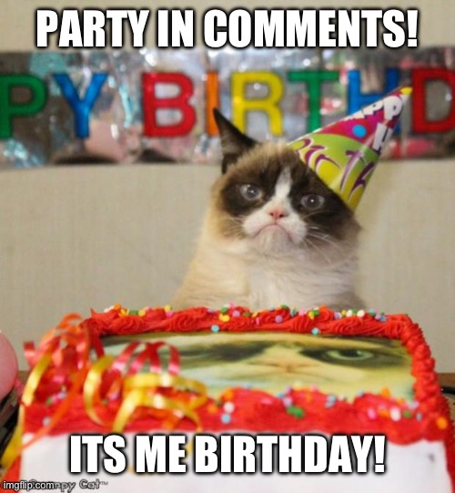 My birthday | PARTY IN COMMENTS! ITS ME BIRTHDAY! | image tagged in memes,grumpy cat birthday,grumpy cat | made w/ Imgflip meme maker