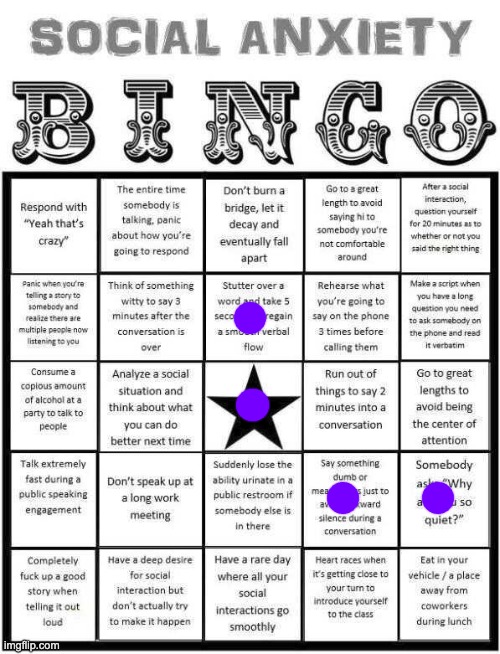 I'm 48% Introverted and 52% Extroverted according to a personality test, so this makes sense | image tagged in social anxiety bingo | made w/ Imgflip meme maker