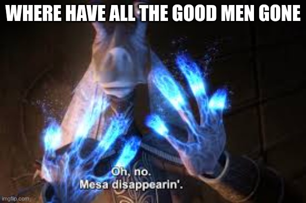 oh no mesa disappearing | WHERE HAVE ALL THE GOOD MEN GONE | image tagged in oh no mesa disappearing | made w/ Imgflip meme maker