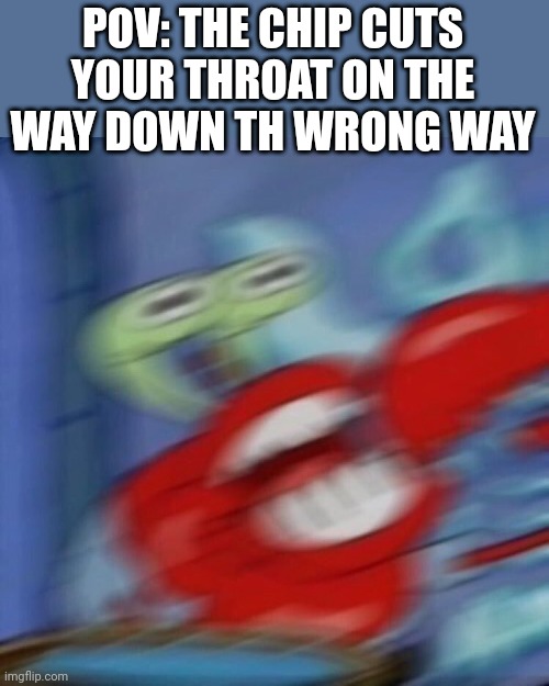 This has to be relatable | POV: THE CHIP CUTS YOUR THROAT ON THE WAY DOWN TH WRONG WAY | image tagged in mr crabs,funny | made w/ Imgflip meme maker