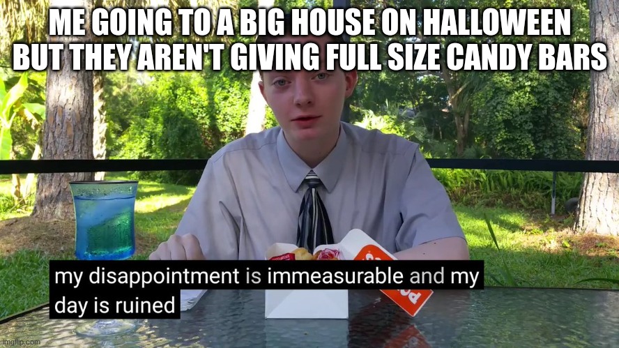 My Disappointment Is Immeasurable | ME GOING TO A BIG HOUSE ON HALLOWEEN BUT THEY AREN'T GIVING FULL SIZE CANDY BARS | image tagged in my disappointment is immeasurable,silly,front page plz,i love you | made w/ Imgflip meme maker