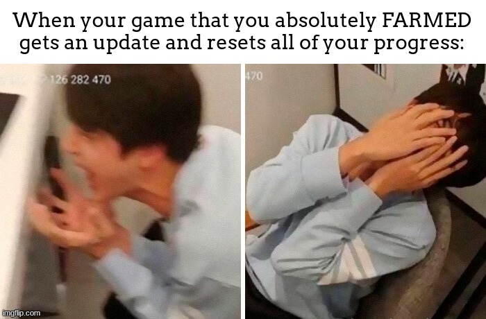 "I FRIKIN FARMED THIS GAME AND YOU DO THIS TO ME!???" | When your game that you absolutely FARMED gets an update and resets all of your progress: | image tagged in nooo,why,games,reset | made w/ Imgflip meme maker