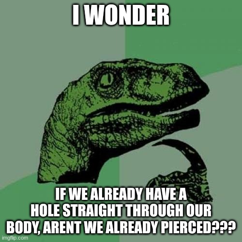 hmmmm | I WONDER; IF WE ALREADY HAVE A HOLE STRAIGHT THROUGH OUR BODY, ARENT WE ALREADY PIERCED??? | image tagged in memes,philosoraptor | made w/ Imgflip meme maker