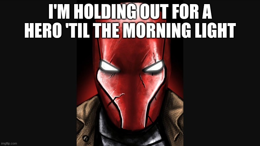 Red Hood | I'M HOLDING OUT FOR A HERO 'TIL THE MORNING LIGHT | image tagged in red hood | made w/ Imgflip meme maker