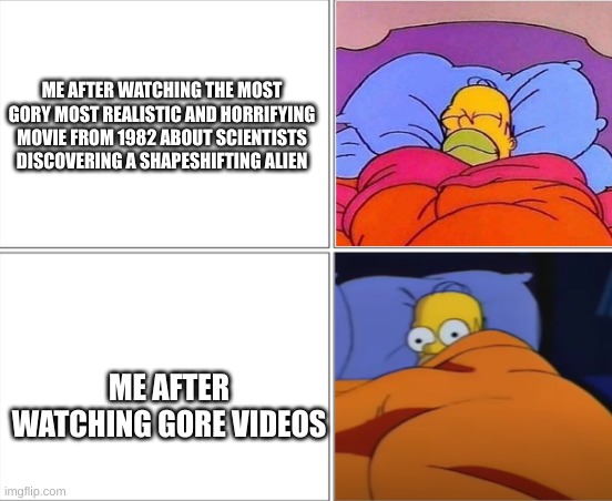 one reason why i make memes | ME AFTER WATCHING THE MOST GORY MOST REALISTIC AND HORRIFYING MOVIE FROM 1982 ABOUT SCIENTISTS DISCOVERING A SHAPESHIFTING ALIEN; ME AFTER WATCHING GORE VIDEOS | image tagged in homer simpson sleeping | made w/ Imgflip meme maker