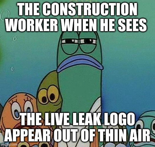 SpongeBob | THE CONSTRUCTION WORKER WHEN HE SEES; THE LIVE LEAK LOGO APPEAR OUT OF THIN AIR | image tagged in spongebob | made w/ Imgflip meme maker