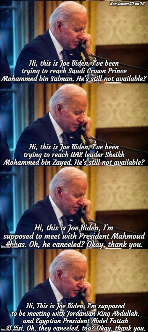 Biden's Foreign Policy "Successes" | Ron.Jensen.10 on FB; Hi, This is Joe Biden, I'm supposed to be meeting with Jordanian King Abdullah, and Egyptian President Abdel Fattah Al Sisi. Oh, they canceled, too? Okay, thank you. | image tagged in biden phone call,joe biden,sad joe biden,joe biden worries,biden | made w/ Imgflip meme maker