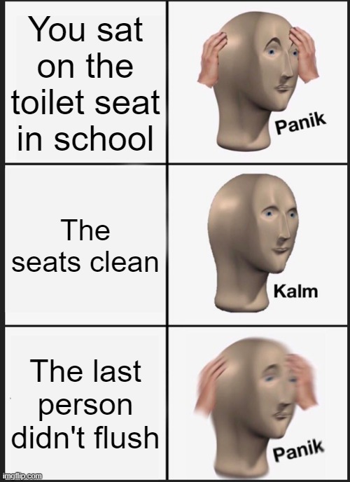 Toilets at school | You sat on the toilet seat in school; The seats clean; The last person didn't flush | image tagged in memes,panik kalm panik | made w/ Imgflip meme maker