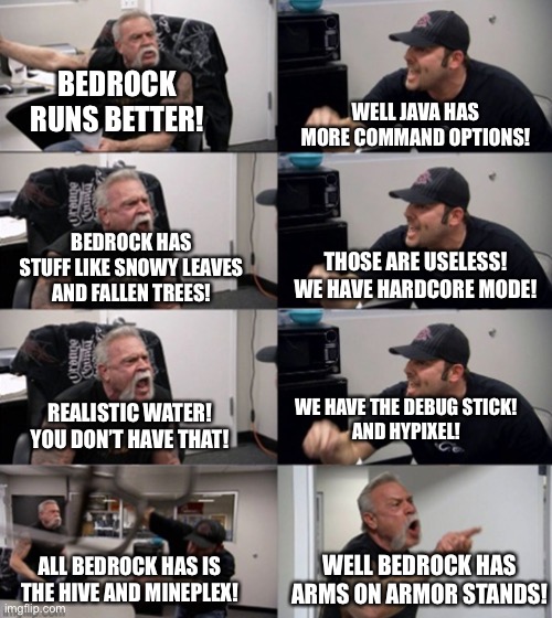 You decide: which is better? | WELL JAVA HAS MORE COMMAND OPTIONS! BEDROCK RUNS BETTER! BEDROCK HAS STUFF LIKE SNOWY LEAVES AND FALLEN TREES! THOSE ARE USELESS! WE HAVE HARDCORE MODE! WE HAVE THE DEBUG STICK!
AND HYPIXEL! REALISTIC WATER!
YOU DON’T HAVE THAT! WELL BEDROCK HAS ARMS ON ARMOR STANDS! ALL BEDROCK HAS IS THE HIVE AND MINEPLEX! | image tagged in flip ammerican chopper | made w/ Imgflip meme maker