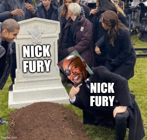 Nick fury be like | NICK FURY; NICK FURY | image tagged in grant gustin over grave | made w/ Imgflip meme maker