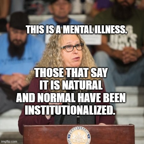 Rachel Levine | THIS IS A MENTAL ILLNESS. THOSE THAT SAY IT IS NATURAL AND NORMAL HAVE BEEN INSTITUTIONALIZED. | image tagged in rachel levine | made w/ Imgflip meme maker