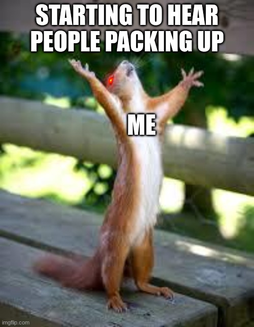 Praise Squirrel | STARTING TO HEAR PEOPLE PACKING UP; ME | image tagged in praise squirrel,school | made w/ Imgflip meme maker