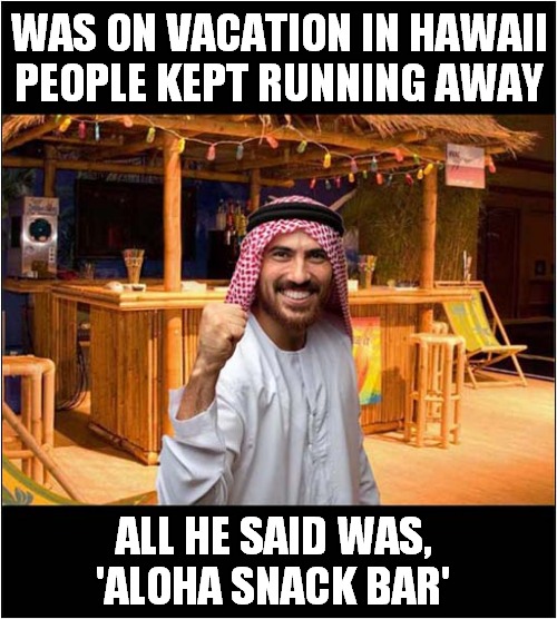 Where Is Everybody ? | WAS ON VACATION IN HAWAII
PEOPLE KEPT RUNNING AWAY; ALL HE SAID WAS, 'ALOHA SNACK BAR' | image tagged in muslim,vacation,hawaii,snack bar,dark humour | made w/ Imgflip meme maker