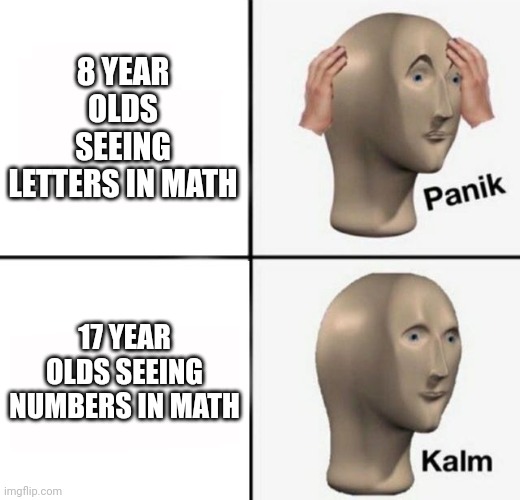 panik kalm | 8 YEAR OLDS SEEING LETTERS IN MATH 17 YEAR OLDS SEEING NUMBERS IN MATH | image tagged in panik kalm | made w/ Imgflip meme maker