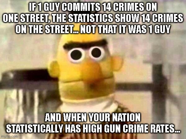 statistics obscure the low criminal numbers with the high crime rates. liberals don't understand this. | IF 1 GUY COMMITS 14 CRIMES ON ONE STREET, THE STATISTICS SHOW 14 CRIMES ON THE STREET... NOT THAT IT WAS 1 GUY; AND WHEN YOUR NATION STATISTICALLY HAS HIGH GUN CRIME RATES... | image tagged in sesame street bert | made w/ Imgflip meme maker