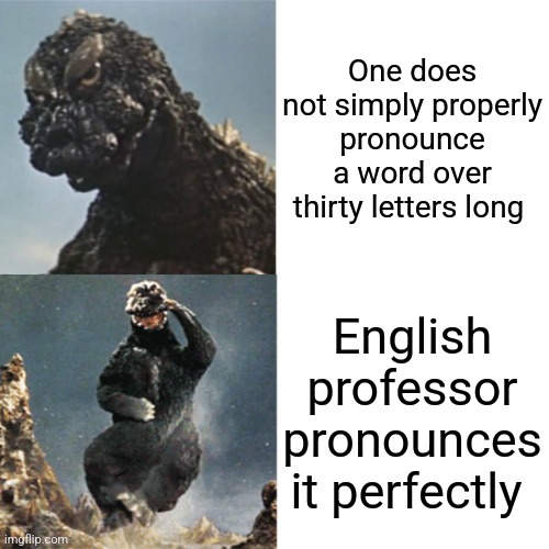 When the English professor pronounces it perfectly | One does not simply properly pronounce a word over thirty letters long; English professor pronounces it perfectly | image tagged in godzilla drake meme,school | made w/ Imgflip meme maker