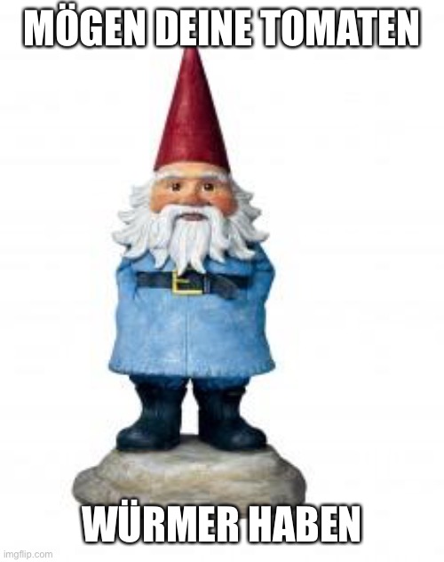 gnome | MÖGEN DEINE TOMATEN WÜRMER HABEN | image tagged in gnome | made w/ Imgflip meme maker