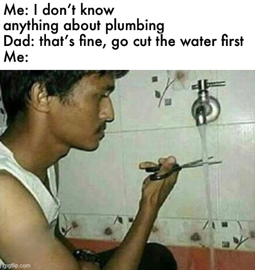 okay, now what? | Me: I don’t know anything about plumbing 
Dad: that’s fine, go cut the water first
Me: | image tagged in funny,meme,plumbing,cut the water | made w/ Imgflip meme maker