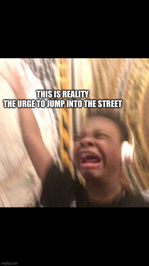 kid crying music  | THIS IS REALITY
THE URGE TO JUMP INTO THE STREET | image tagged in kid crying music | made w/ Imgflip meme maker