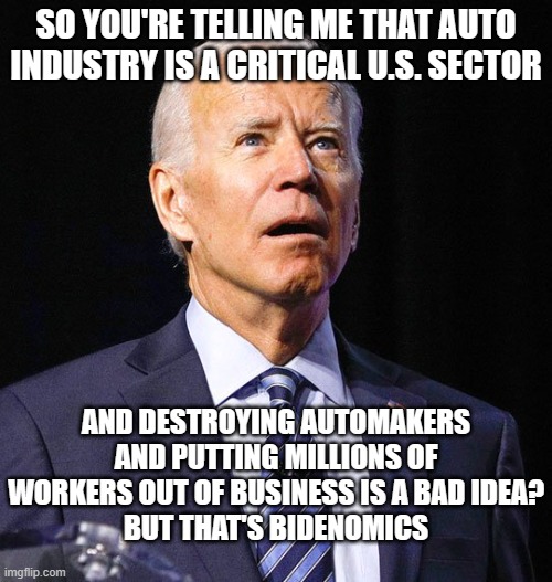 Joe Biden | SO YOU'RE TELLING ME THAT AUTO INDUSTRY IS A CRITICAL U.S. SECTOR; AND DESTROYING AUTOMAKERS AND PUTTING MILLIONS OF WORKERS OUT OF BUSINESS IS A BAD IDEA?
BUT THAT'S BIDENOMICS | image tagged in joe biden | made w/ Imgflip meme maker
